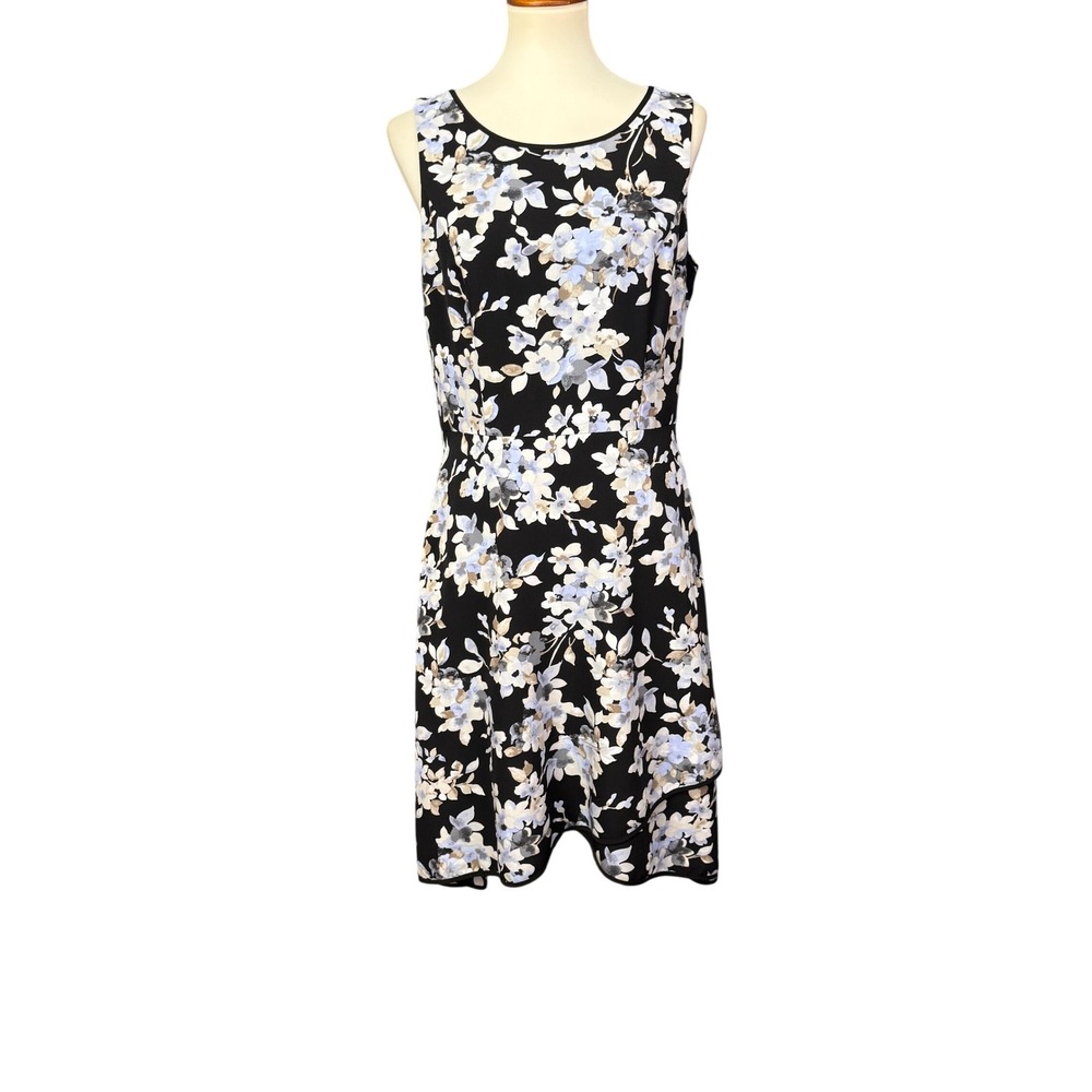 WHBM Dress Womens 10 Black Floral Sleeveless Fit Flare Hi Low Hem Midi Party